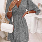 V-Neck Pleated Floral Print Mini Dress