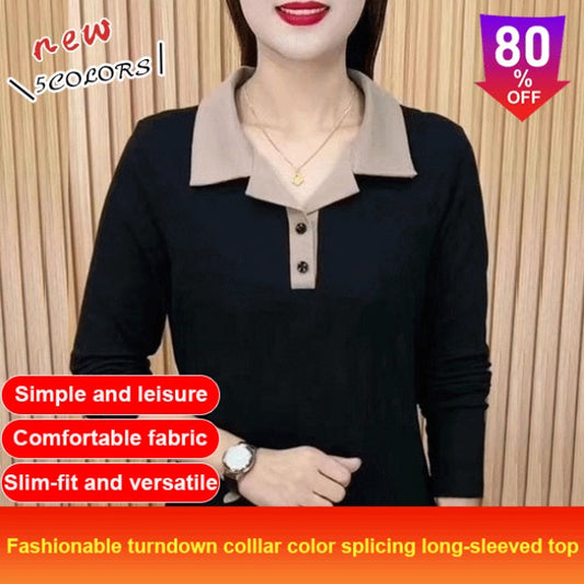 Fashionable turndown collar color splicing long-sleeved top