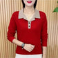Fashionable turndown collar color splicing long-sleeved top