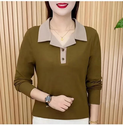 Fashionable turndown collar color splicing long-sleeved top