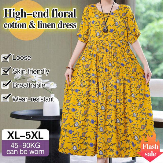 High-end Floral Print Cotton And Linen Dress
