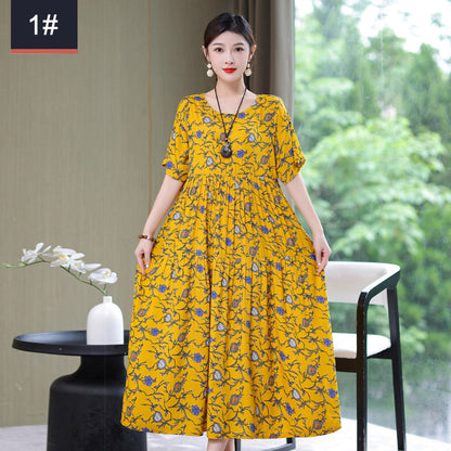 High-end Floral Print Cotton And Linen Dress